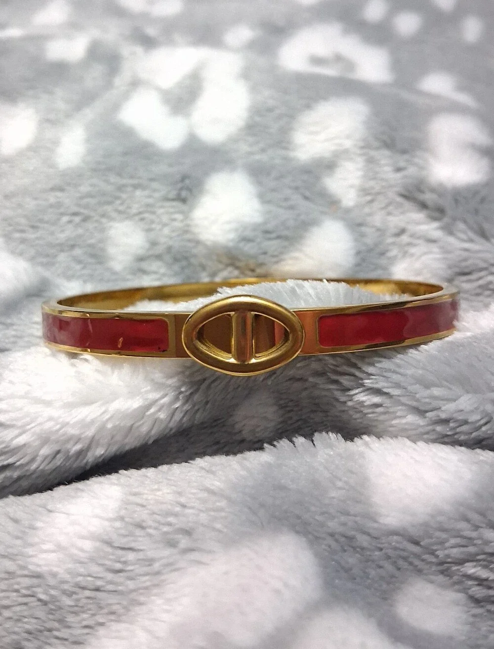 Gold-Tone Red Enamel Oval Center Bangle Bracelet